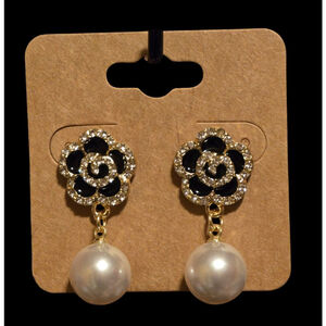 Fashion Inspired Black, Gold White Pearl Flower Dangle Earrings
